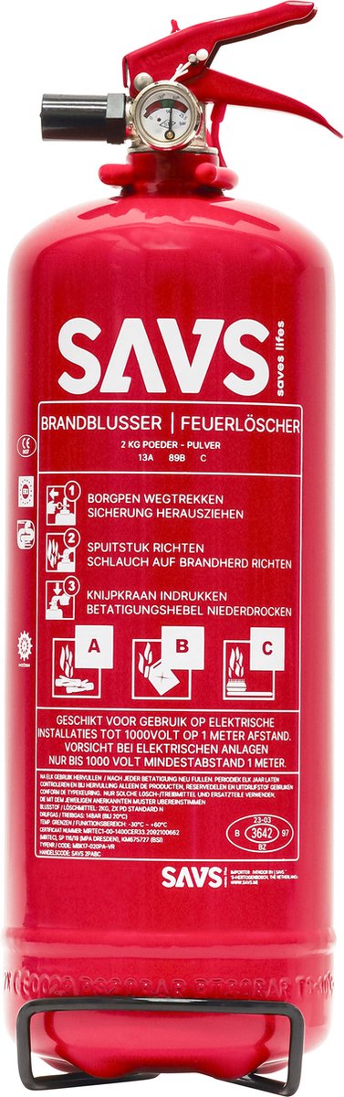 SAVS® Brandblusser poeder 2 kg - 13A 89B C - Met montagebeugel - Ook voor auto, boot, caravan of camper - Poederblusser