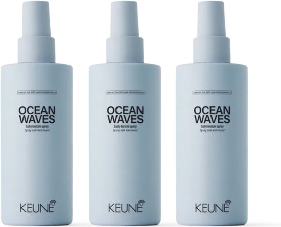 Trois flacons de spray texturant salé Keune Ocean Waves, bleu clair avec des lettres noires.