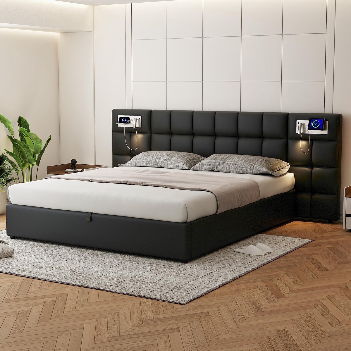Sweiko Gestoffeerd bed 180 x 200 cm, hydraulisch bed, met USB-poort en draadloos oplaadapparaat en licht, met opbergruimte, ondersteund door houten latten, PU, zwart