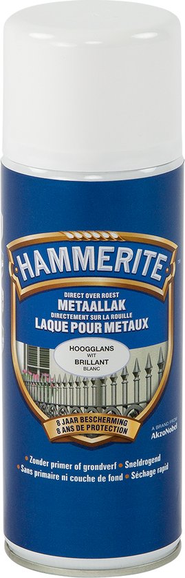 Hammerite Metaallak Hoogglans Wit spuitbus met witte dop, blauw label en afbeelding van een hek.