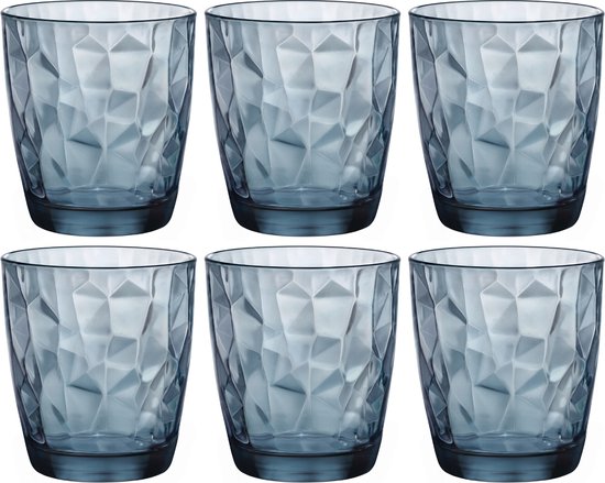 Ensemble de six verres à eau bleus Bormioli Rocco Diamond au motif facetté.