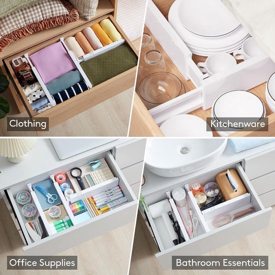 Lifewit Set van 6 Verstelbare Ladeverdelers 10cm Hoog en 34,3-55,9 cm Lang, Lade-Indeler, Kunststof Ladeverdeler met 10 Inzetstukken voor Kleding, Make- up, Kaptafel, Keuken