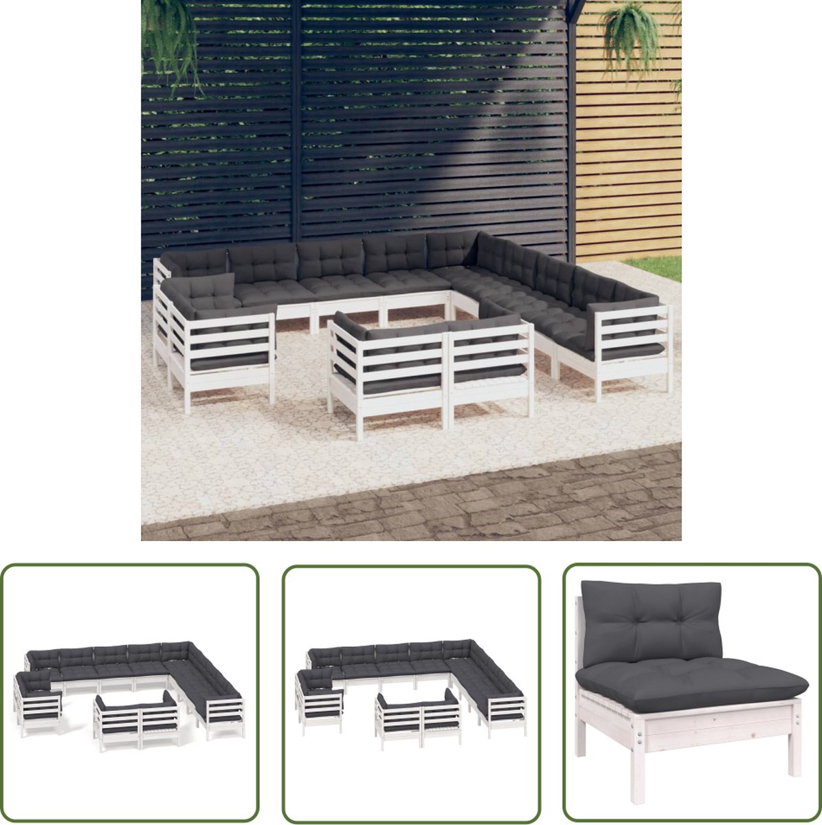 The Living Store 13-delige Loungeset met kussens massief grenenhout wit - Tuin Lounge Set - Loungebank - Buitendiner - Terrasfurniture - Houten Bank