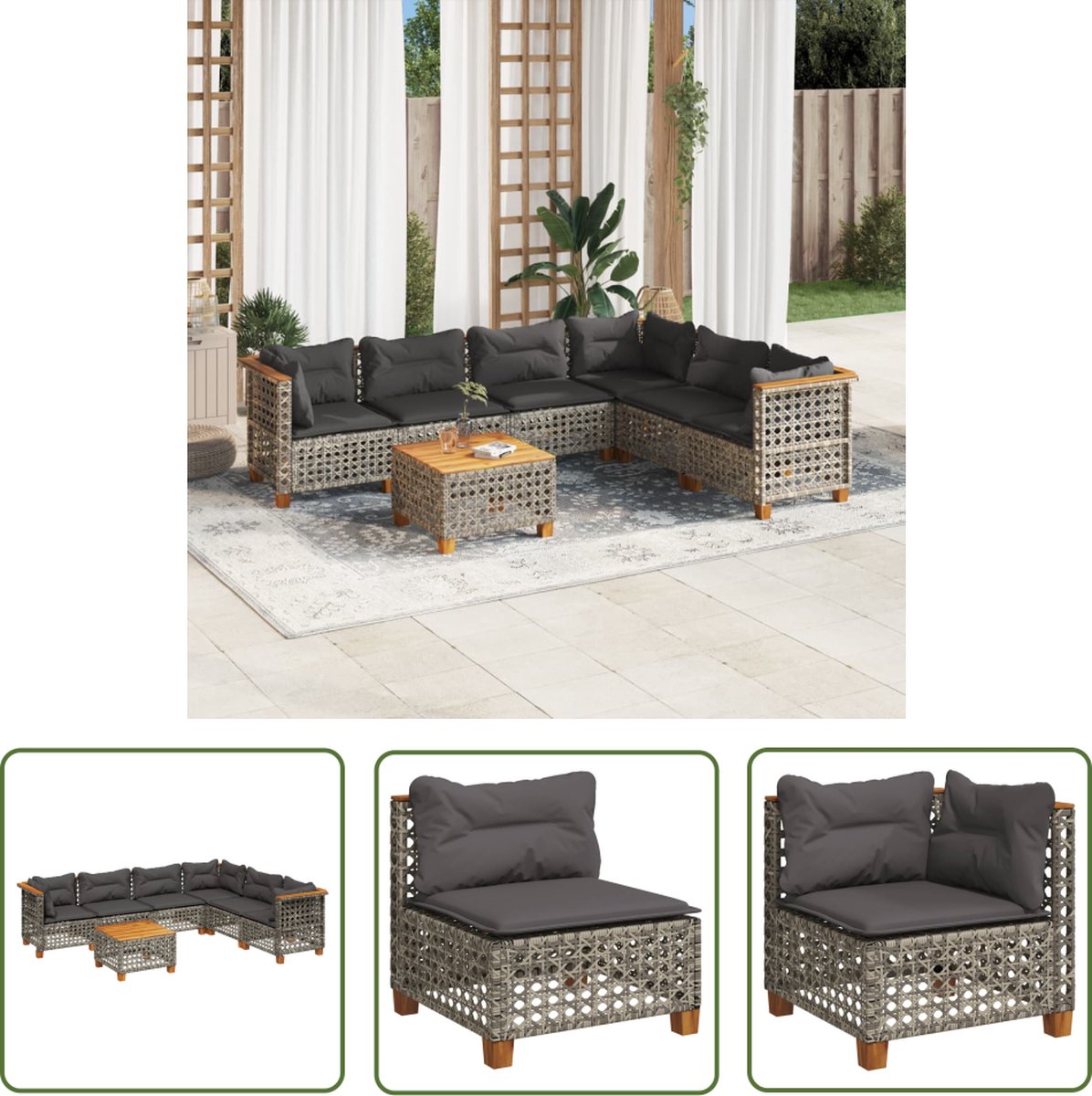 The Living Store 7-delige Loungeset met kussens poly rattan grijs - Loungeset - Lounge Set - Buitendecoratie - Tuinmeubels - Loungebank