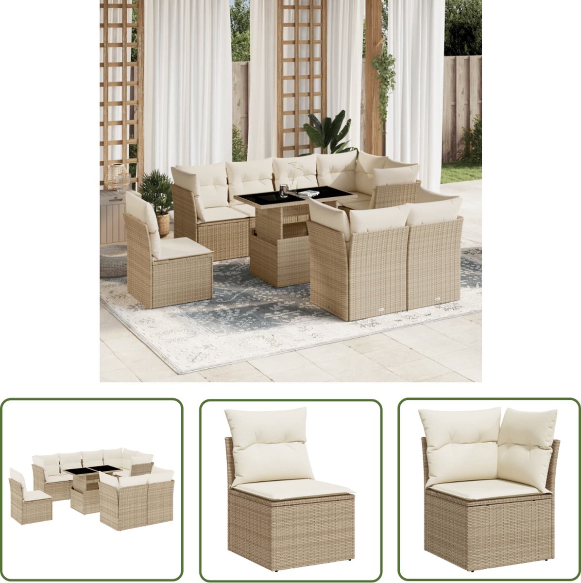The Living Store 9-delige Loungeset met kussens poly rattan beige - Loungebank - Lounge Set - Tuinmeubels - Buitendecoratie - PE-rattan
