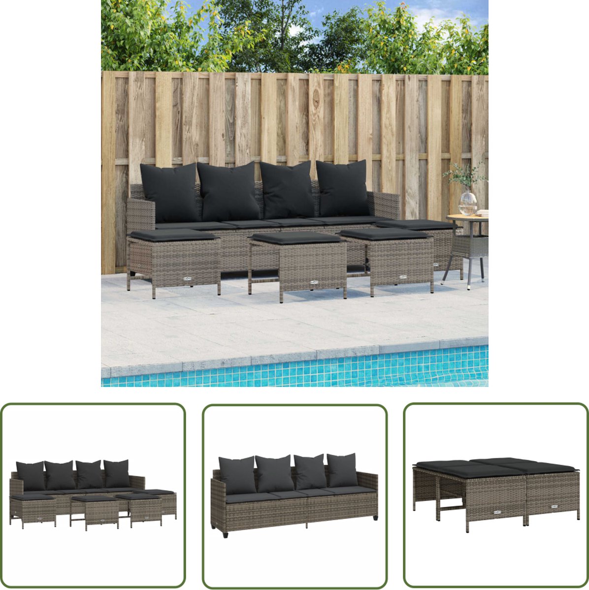 The Living Store 5-delige Loungeset met kussens poly rattan grijs - Loungeset - Tuinset - Lounge Set - Buitendecoratie - Tuinmeubelset
