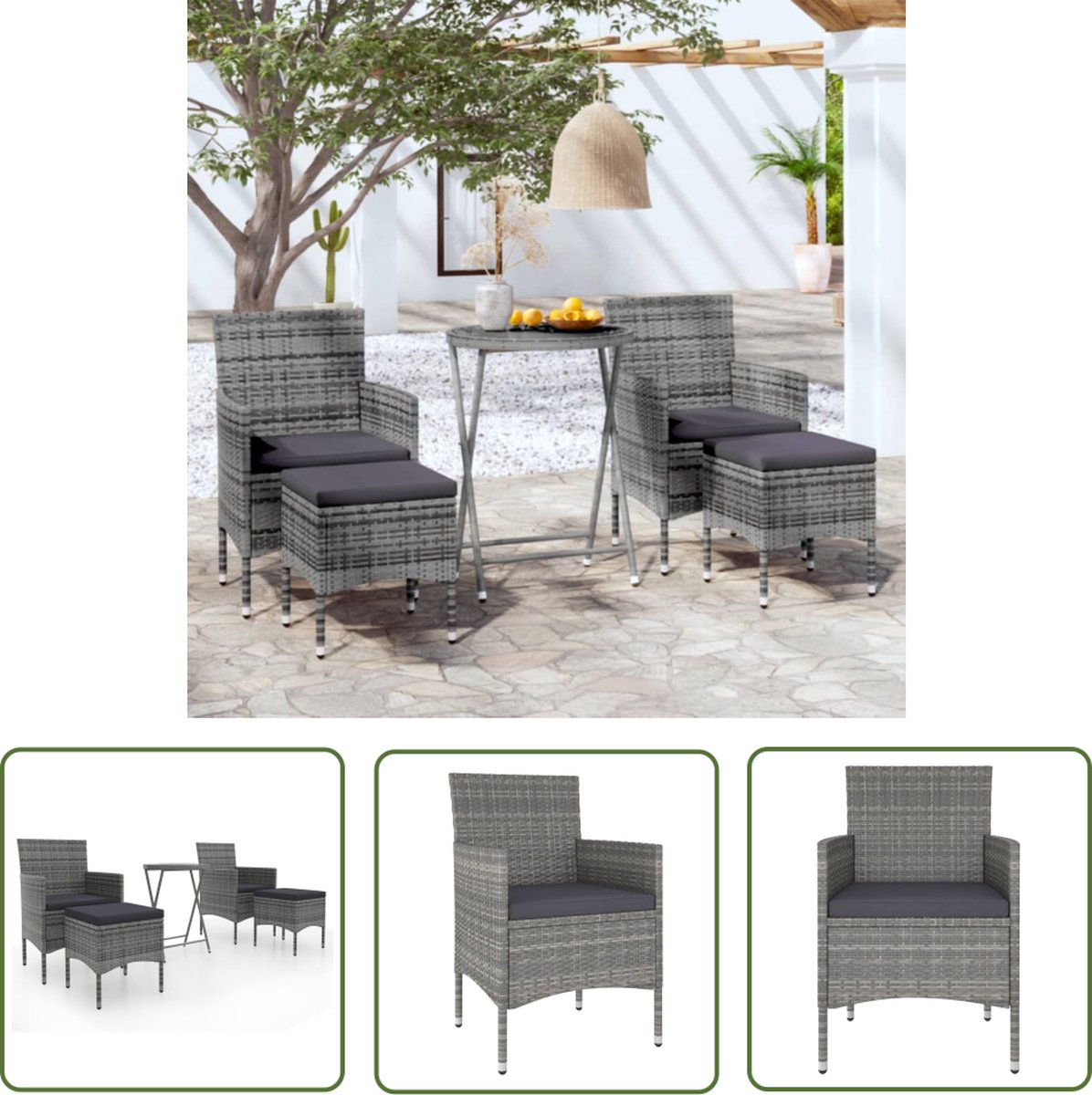 Grijze poly rattan bistroset met gehard glas - Tuinmeubelen.