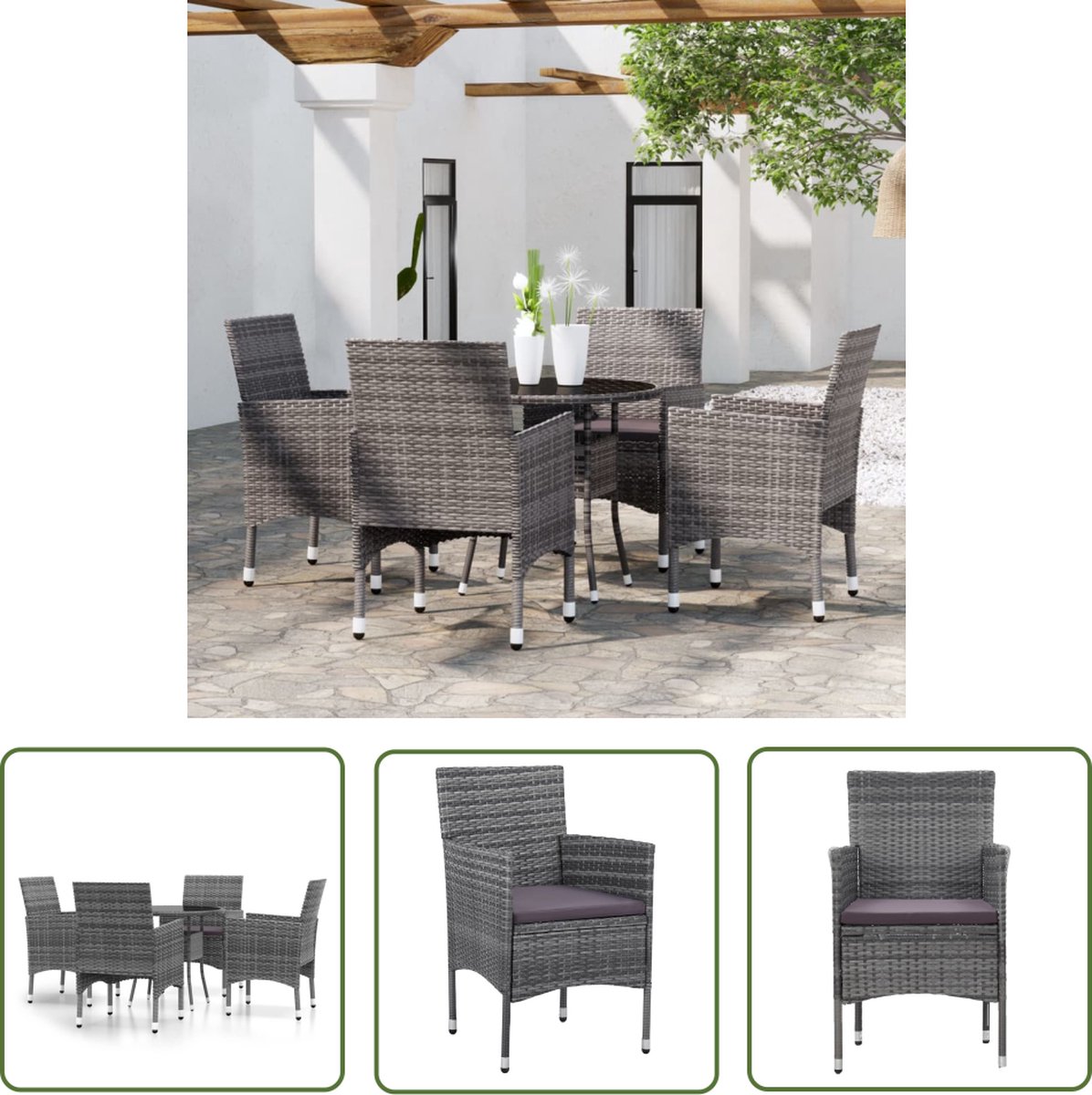 The Living Store 5-delige Tuinset poly rattan grijs - Tuinsets - Tuinset - Buitendecor - Lounge Set - Eetkamerset