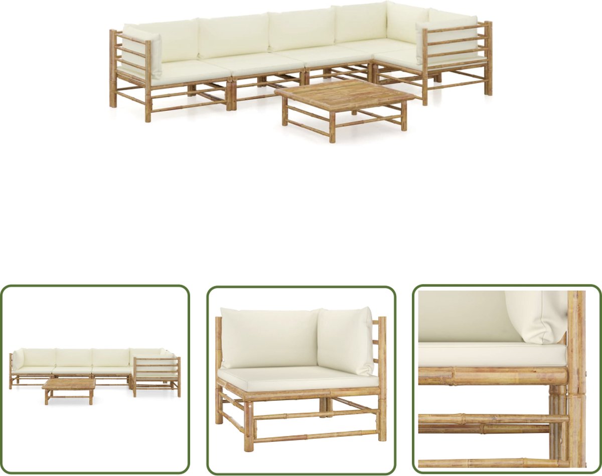 The Living Store 6-delige Loungeset met crèmewitte kussens bamboe - Bamboe Loungeset - Tuinmeubels - Loungegroep - Buitendining - Outdoor Furniture
