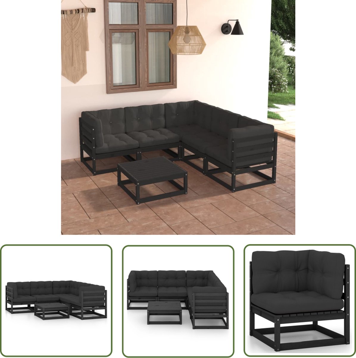 Massief grenenhouten loungeset met kussens in tuinsetting - The Living Store.