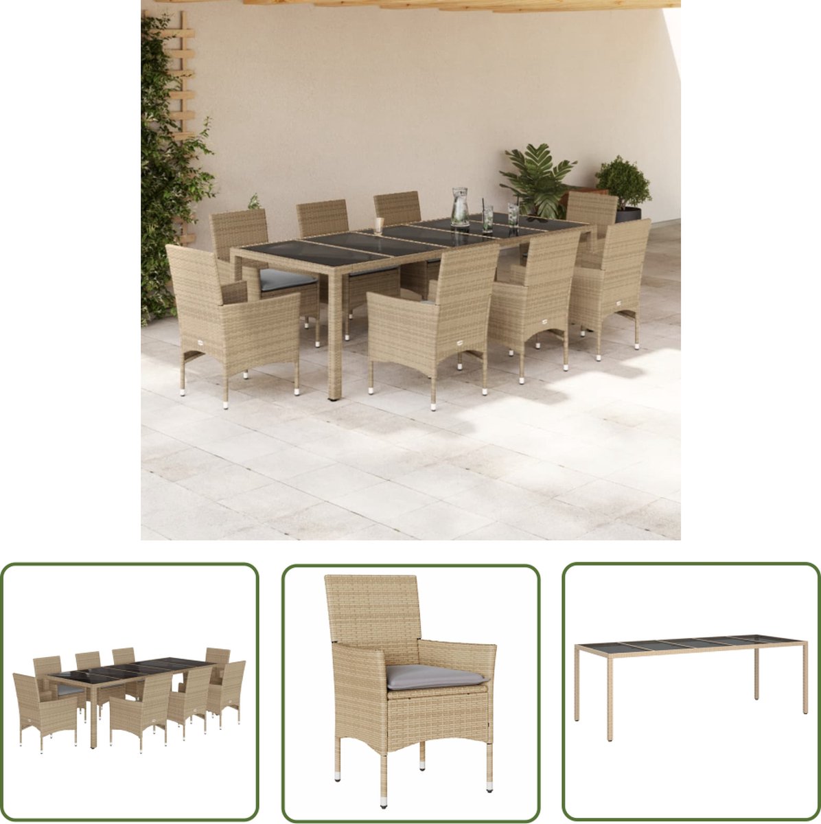 Tuinset met beige poly rattan kussens en glazen tafel - Buitenshuis dineren.