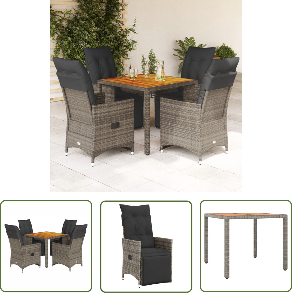 Grijze poly rattan bistroset met kussens voor buiten - The Living Store
