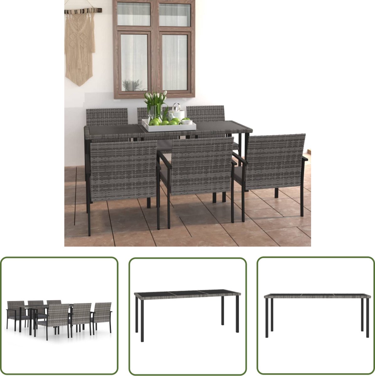 The Living Store 7-delige Tuinset poly rattan grijs - Tuinstoel - Tuintafel - Buitenshuis Meubilair - Lounge Set - Eetkamerset