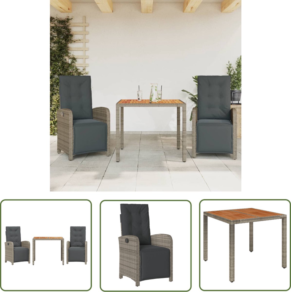 Grijze poly rattan bistroset met kussens - The Living Store.