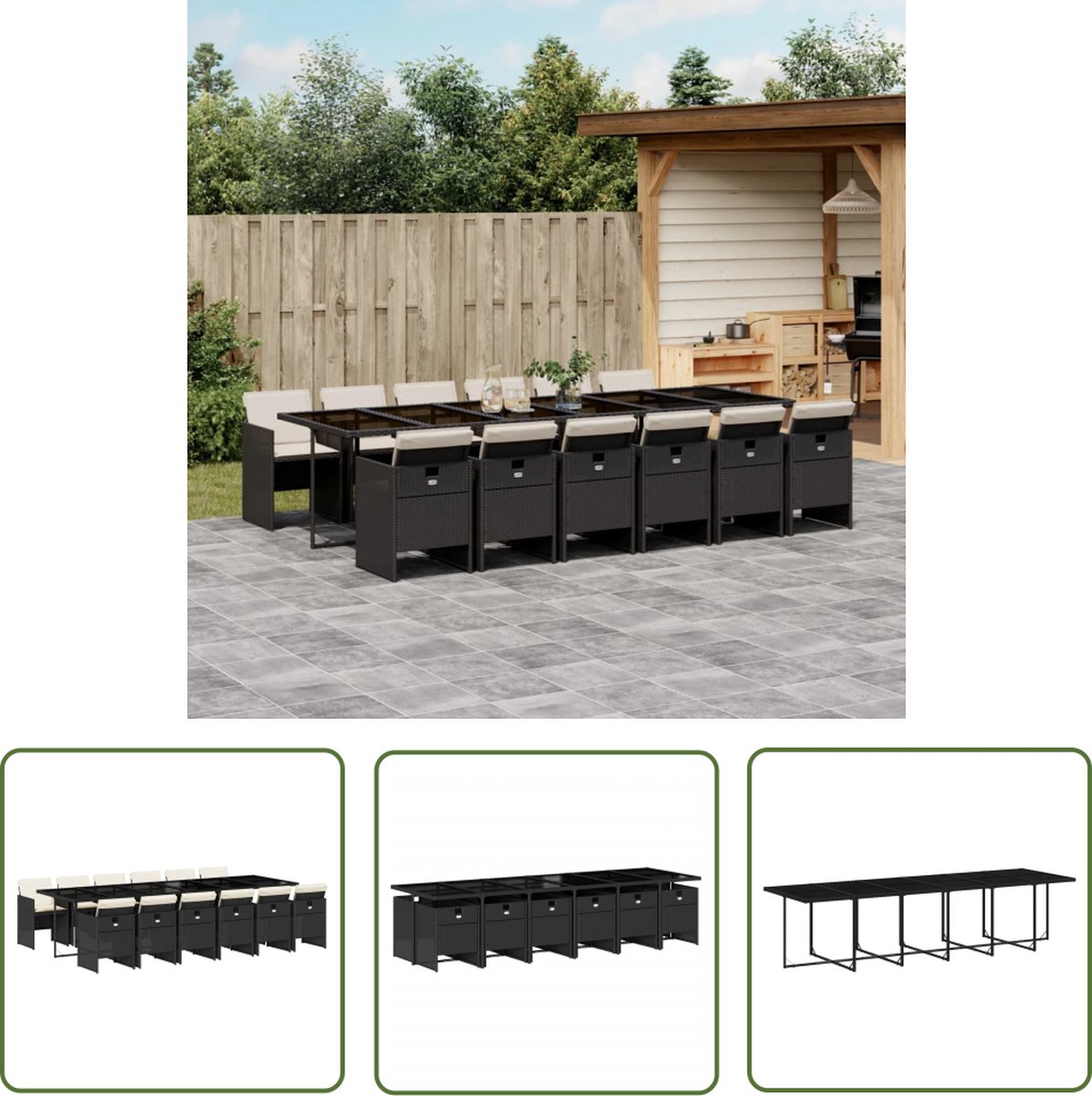 The Living Store 13-delige Tuinset met kussens poly rattan zwart - Tuinmeubles - Eetkamer Set - Buitendecoratie - Lounge Set - Patio Furniture