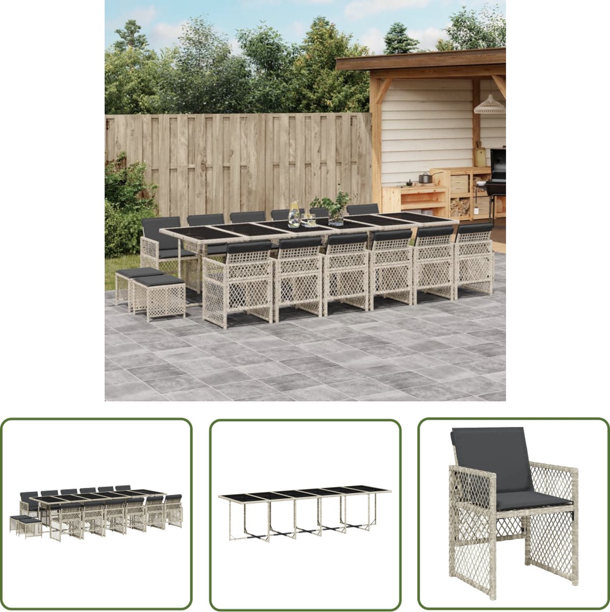 The Living Store 17-delige Tuinset met kussens poly rattan lichtgrijs - Tuinset - Buitentijd - Lounge Set - Eetkamerset - Outdoor Furniture
