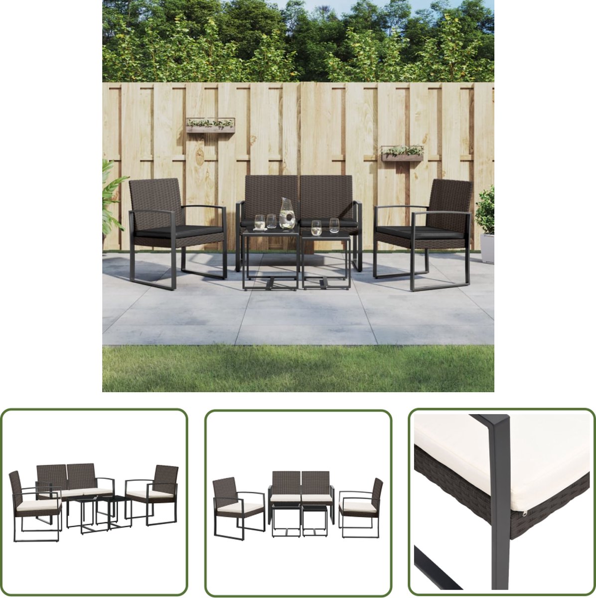 The Living Store 5-delige Tuinset met kussens polypropeen rattan bruin - Tuinmeubelen - Eethoek - Buitentafel - Lounge Set - Patio Set