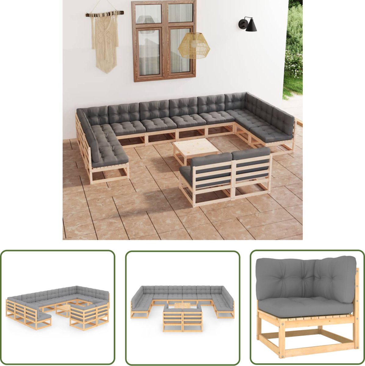 The Living Store 13-delige Loungeset met kussens massief grenenhout - Tuin Lounge Set - Houten Loungestoel - Tuinset Hout - Outdoor Furniture - Veranda Set