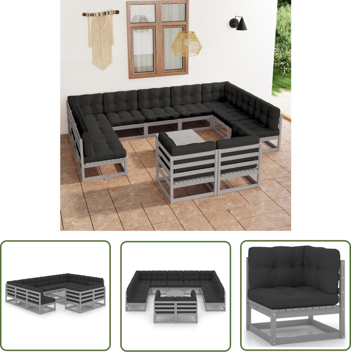 Loungeset van massief grenenhout in grijs met kussens - Tuinset met loungestoel.