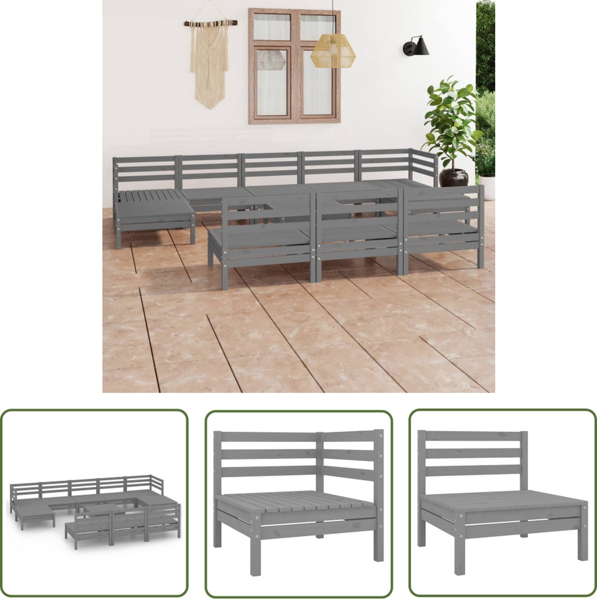 The Living Store 11-delige Loungeset massief grenenhout grijs - Loungebank - Tuinmeubles - Lounge Set - Buitendecor - Hout