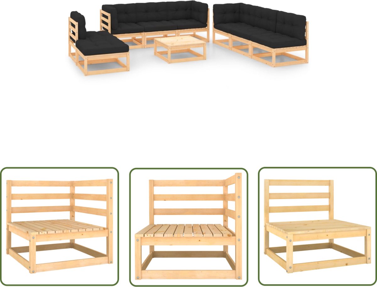 Massief grenenhouten loungeset met kussens voor tuin en terras.