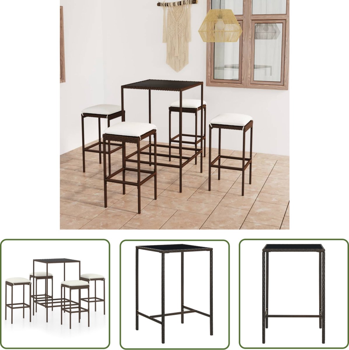 Tuinbarset met bruine poly rattan kussens en barstoelen.
