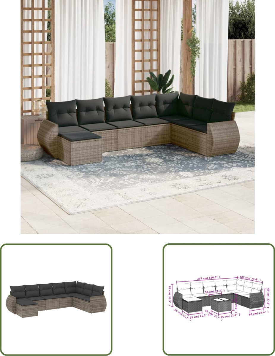 The Living Store 8-delige Loungeset met kussens poly rattan grijs - Loungeset - Tuinbank - Lounge Set - Buitendecoratie - Outdoor Furniture