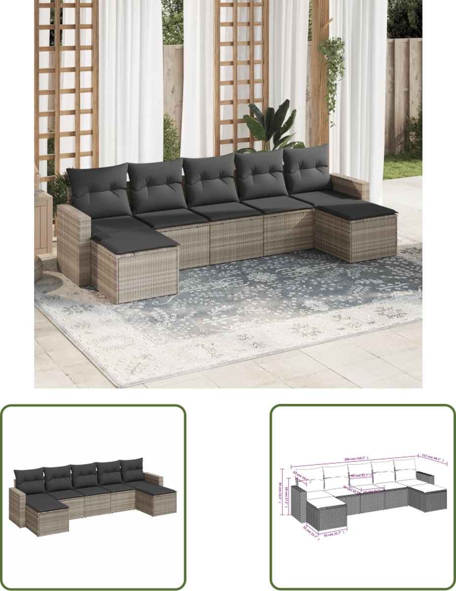 The Living Store 7-delige Loungeset met kussens poly rattan lichtgrijs - Loungebank - Lounge Set - Tuinset - Outdoor Furniture - Pe Rattan