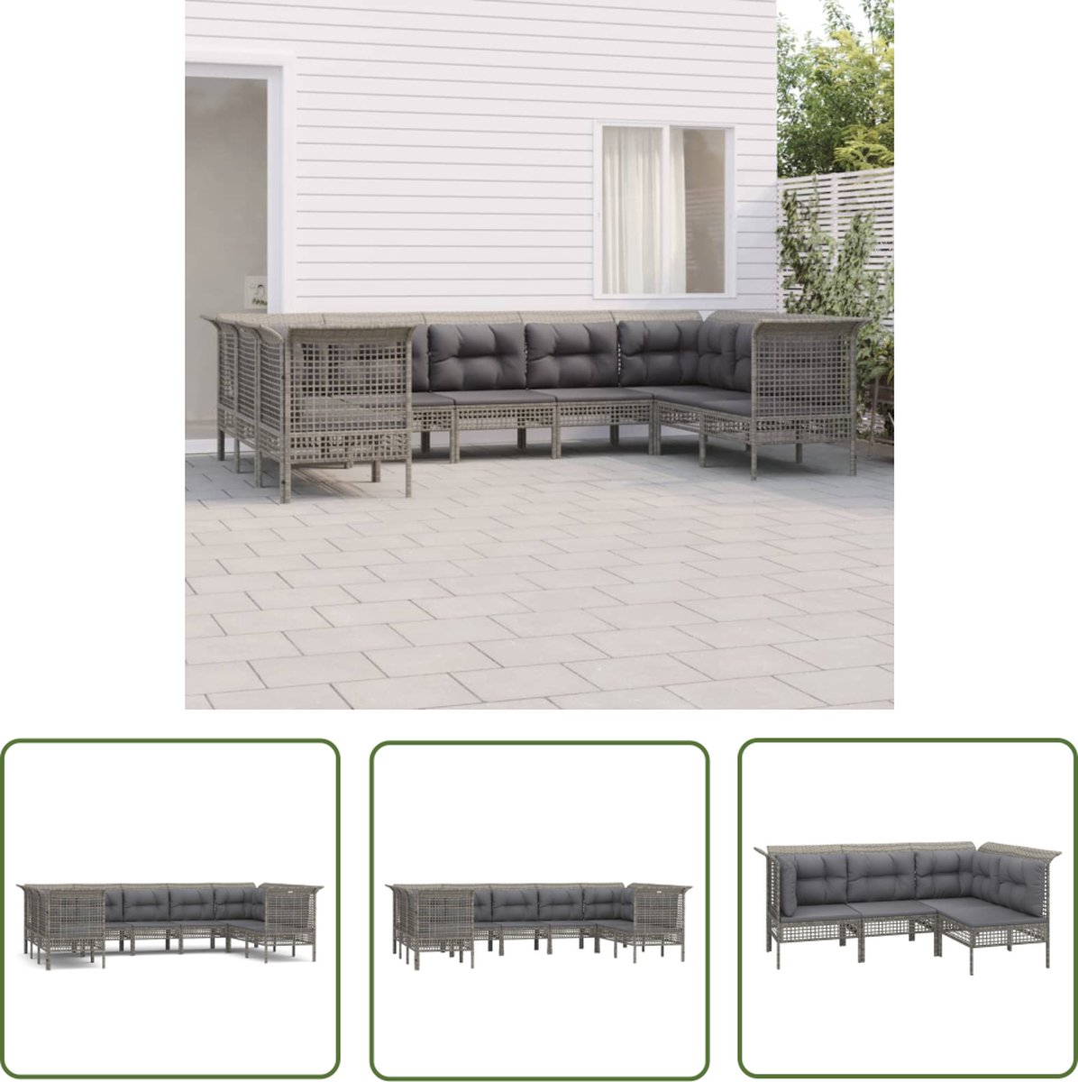 The Living Store 9-delige Loungeset met kussens poly rattan grijs - Loungebank - Tuinset - Lounge Set - Outdoor Furniture - Patio Set