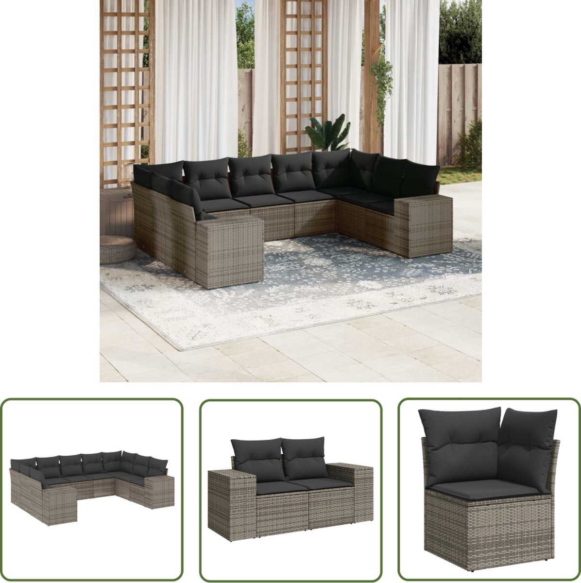 The Living Store 9-delige Loungeset met kussens poly rattan grijs - Loungebank - Tuinset - Lounge Set - Buitendecoratie - Garden Furniture Poly rattan grijze loungeset met kussens voor tuindecoratie en comfort.