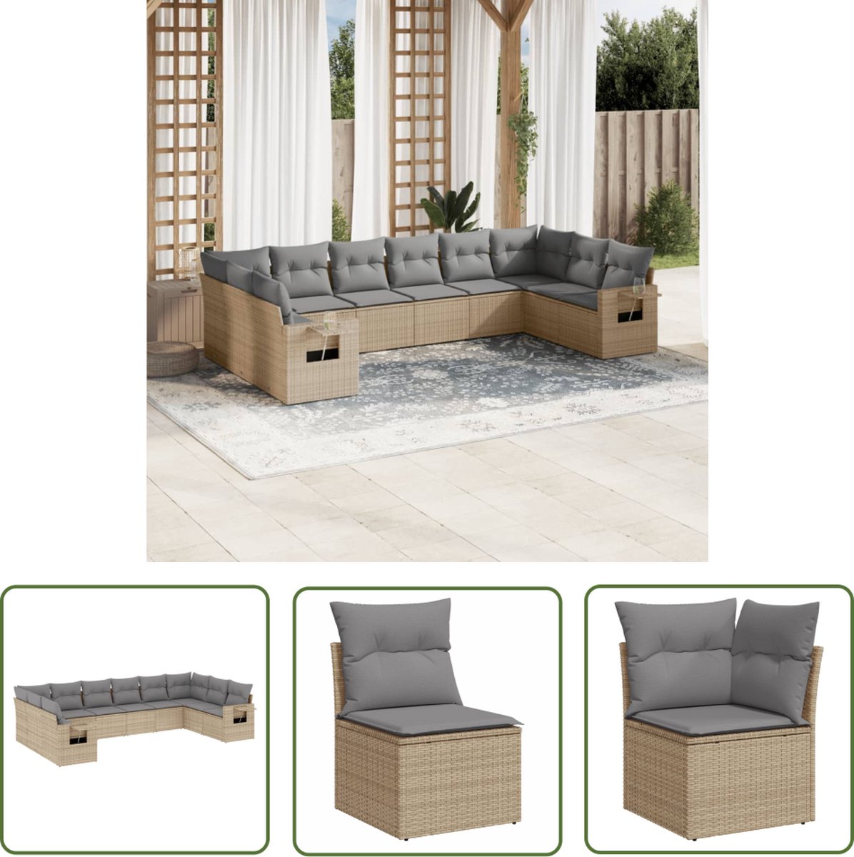 The Living Store 10-delige Loungeset met kussens poly rattan beige - Loungebank - Lounge Set - Tuinset - Buitendecoratie - Tuinlounge