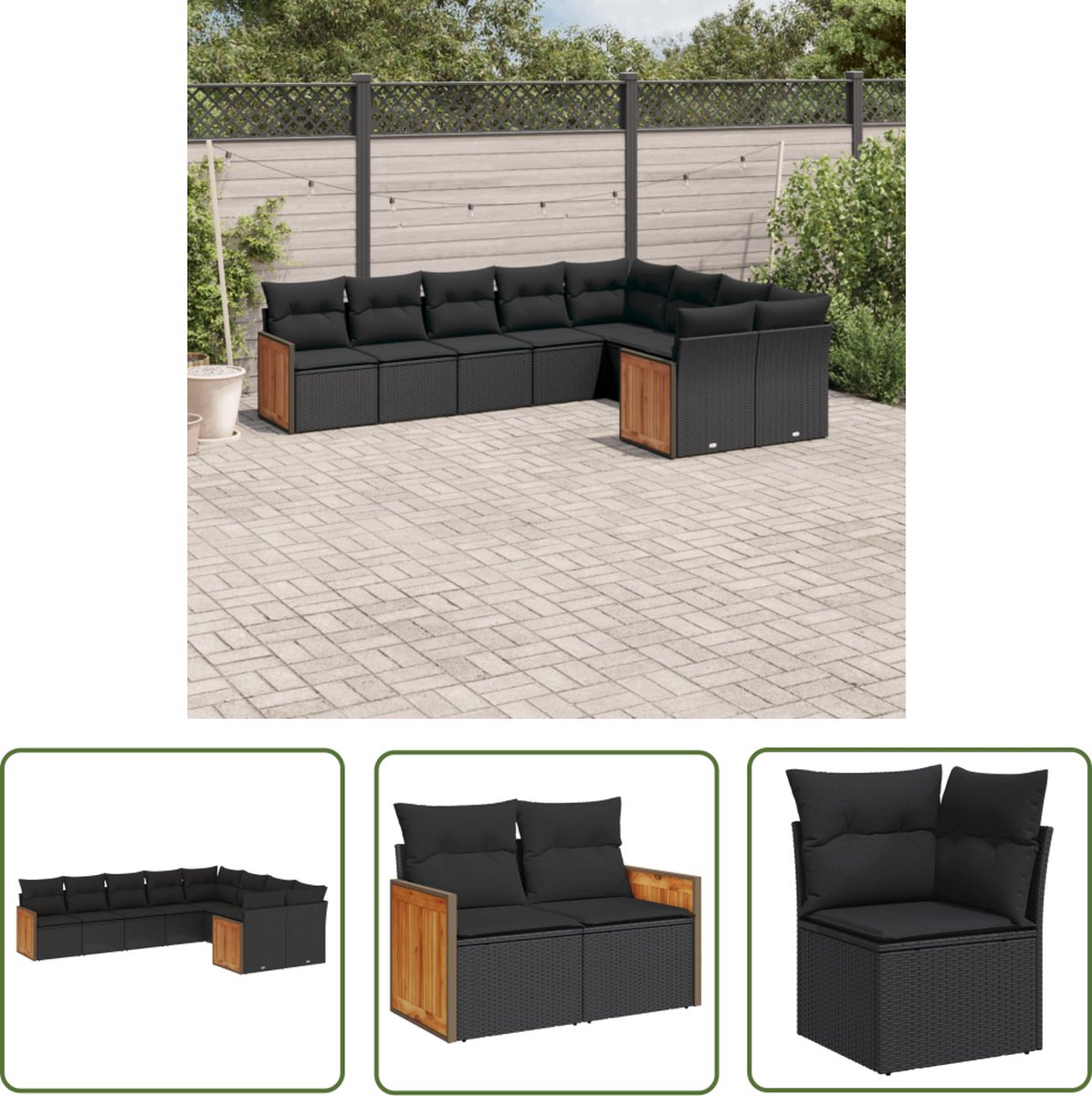 The Living Store 9-delige Loungeset met kussens poly rattan zwart - Loungebank - Lounge Set - Tuinset - Buitendecoratie - Outdoor Furniture