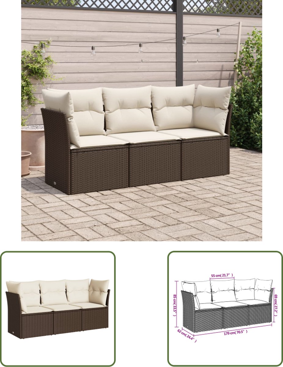 The Living Store 3-delige Loungeset met kussens poly rattan bruin - Loungeset - Tuinset - Lounge Set - Buitendecoratie - Outdoor Furniture