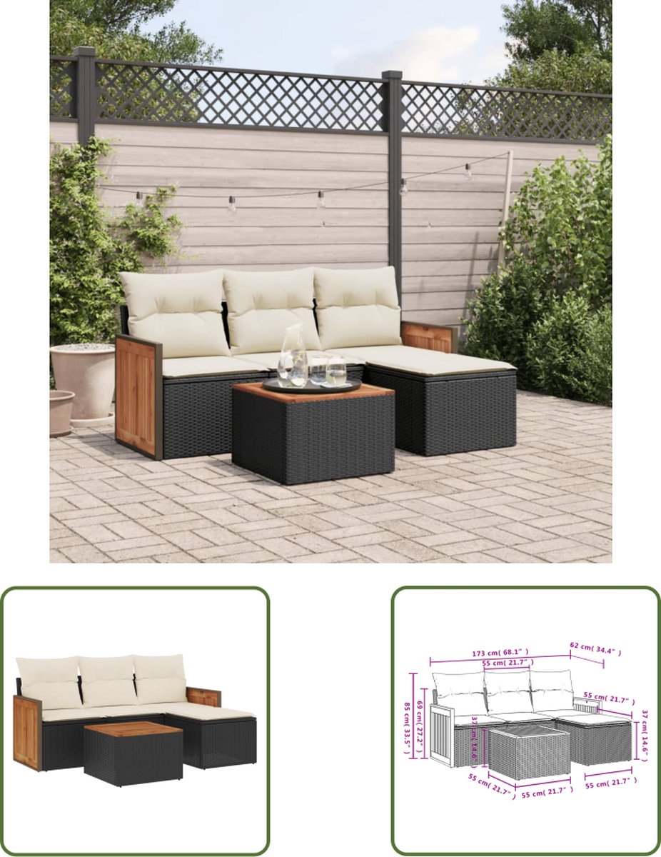 The Living Store 5-delige Loungeset met kussens poly rattan zwart - Loungeset - Tuinmeubels - Lounge Set - PE-rattan - Outdoor Furniture