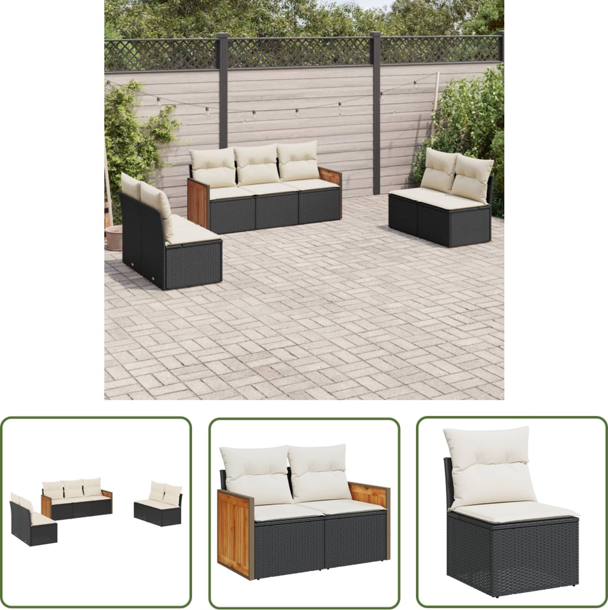 The Living Store 7-delige Loungeset met kussens poly rattan zwart - Loungebank - Tuinset - Lounge Set - Buitendecoratie - Tuinmeubels