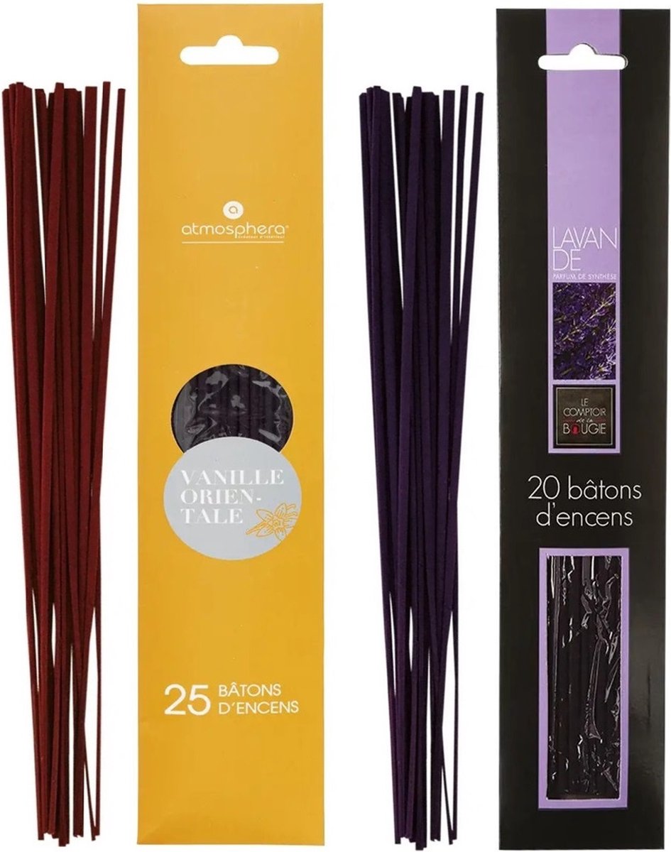 Atmosphera Wierook stokjes - set van 2 geuren - Vanille en Lavendel - 25 cm - Ontspanning Lavender paars