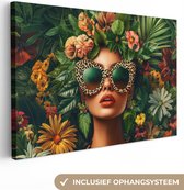 Canvas schilderij 150x100 cm - Wanddecoratie Vrouw - Panterprint - Jungle - Natuur - Luxe - Muurdecoratie woonkamer - Slaapkamer decoratie - Kamer accessoires - Schilderijen op canvas