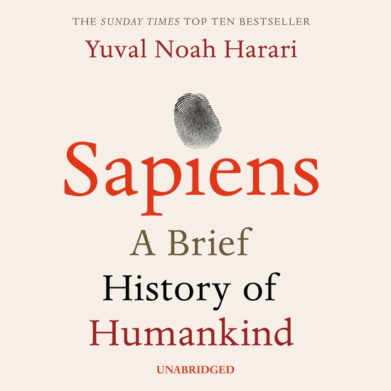 Boek "Sapiens: A Brief History of Humankind" van Yuval Noah Harari, met een vingerafdruk-icoon.