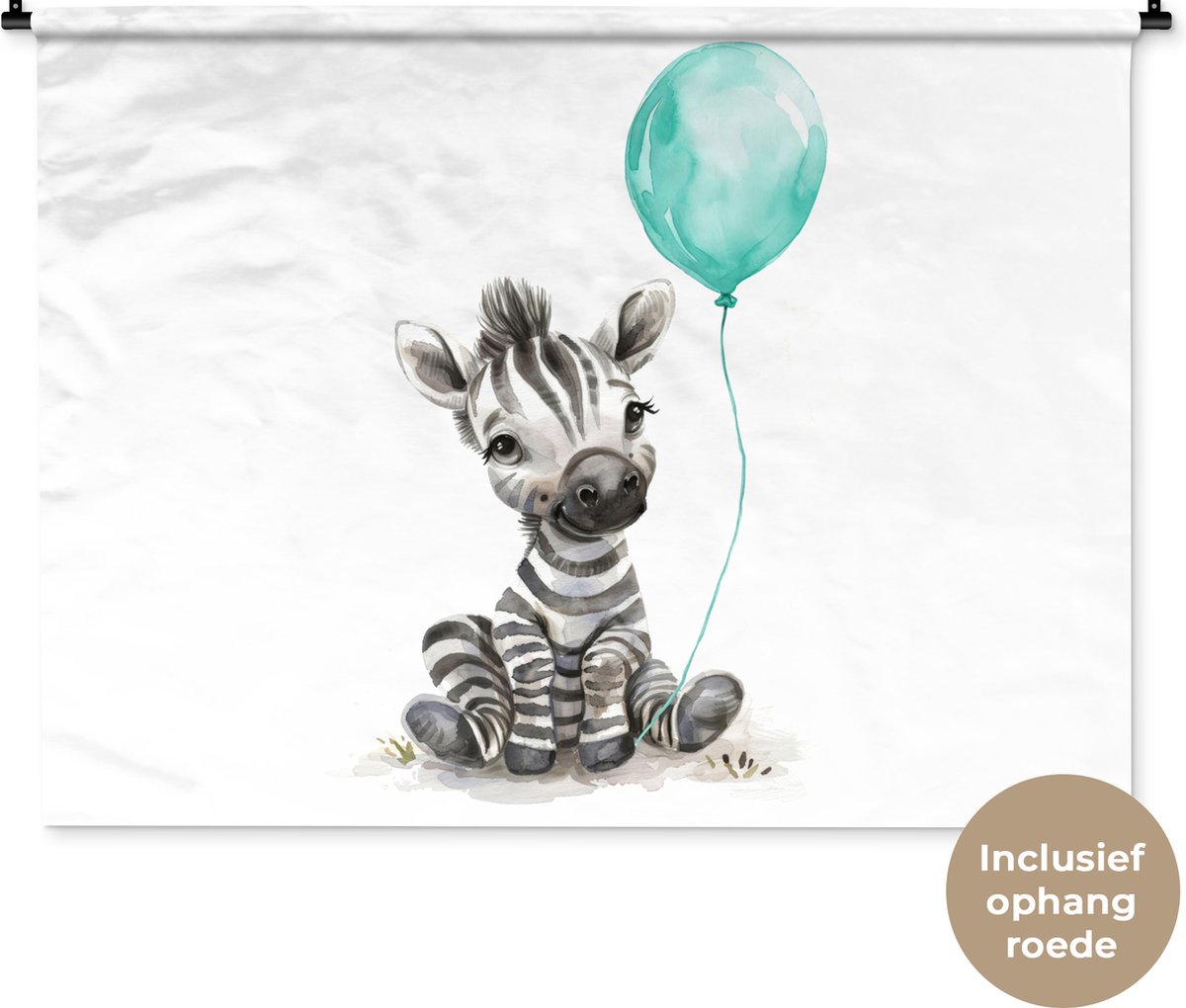 Wandkleed 120x90 cm - Wanddoek Zebra - Baby dier - Blauwe ballon - Wandtapijt - Wandkleden