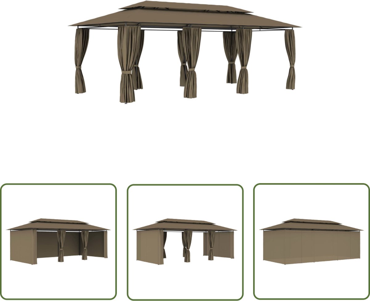 Tuinprieel met taupekleurige gordijnen, afmetingen 600x298x270 cm, 180 g/m². Ideaal voor buiten, elegant en functioneel.