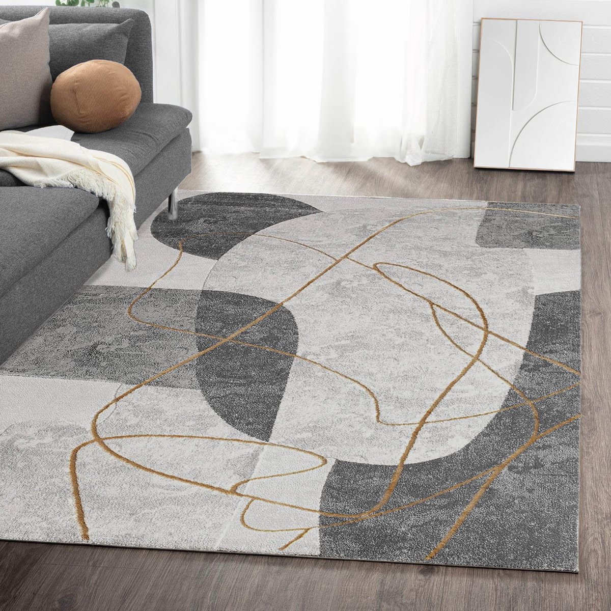 Flycarpets Evora Modern Vloerkleed Grijs / Goud – Laagpolig Japandi Tapijt Woonkamer – 200x290 cm