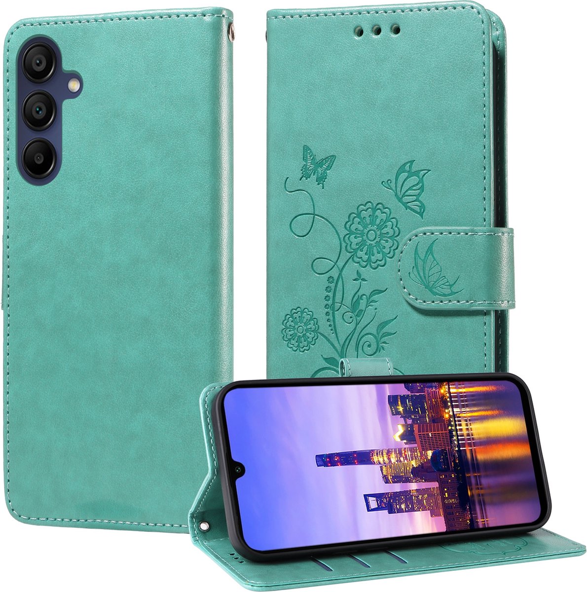 Mobigear Telefoonhoesje geschikt voor Samsung Galaxy A16 Hoesje | Mobigear Flowers Bookcase Portemonnee | Pasjeshouder voor 3 Pasjes | Telefoonhoesje voor Pinpas / OV Kaart / Rijbewijs - Groen