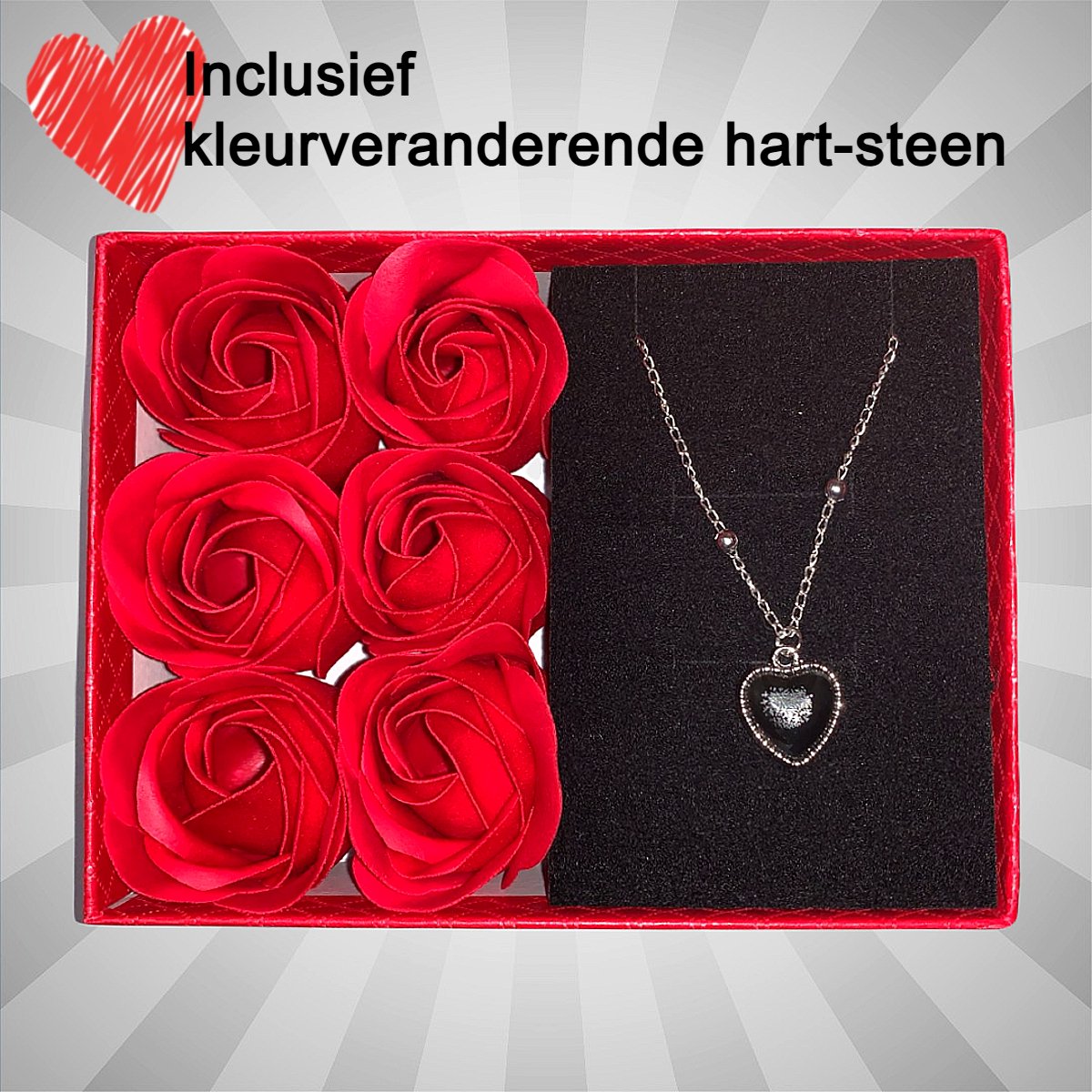 Allernieuwste.nl® Luxe Rode Giftbox + 6 Rode Zeeprozen en Stemmings Harten Ketting - Cadeauset