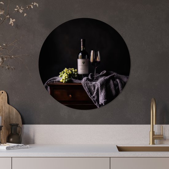 WallCircle® Wandcirkel 60x60 cm - Muurcirkel Druiven - Wijn - Rood - Tafel - Muurdecoratie woonkamer - Wanddecoratie keuken - Kamer decoratie accessoires - Ronde schilderijen