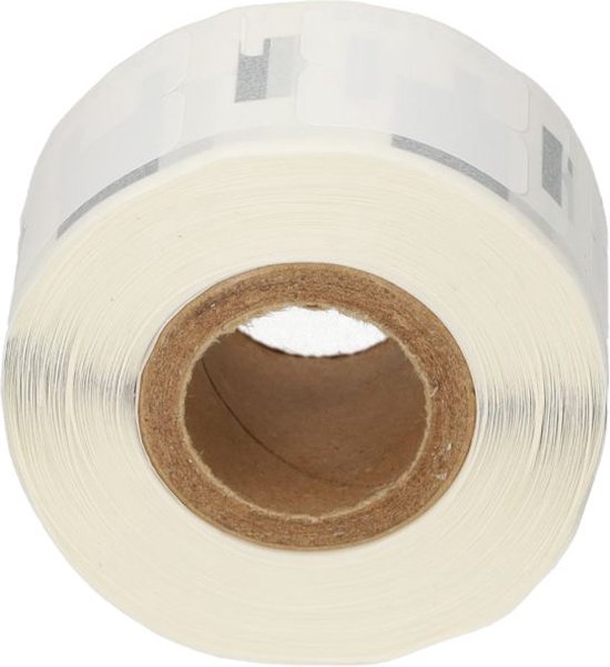 Zijaanzicht van een etiketrol Dymo 11353, zwart op wit, 13mm x 25mm.