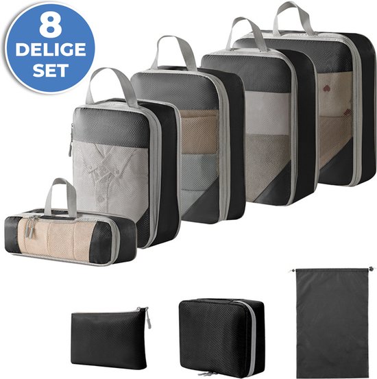 Compression Cubes - Koffer Organizer Set - 8-delig - Kleding en Bagage Organizer - Compressie - Travel Cubes - Reis Accessoires - Voor Tassen en Backpacks - Zwart