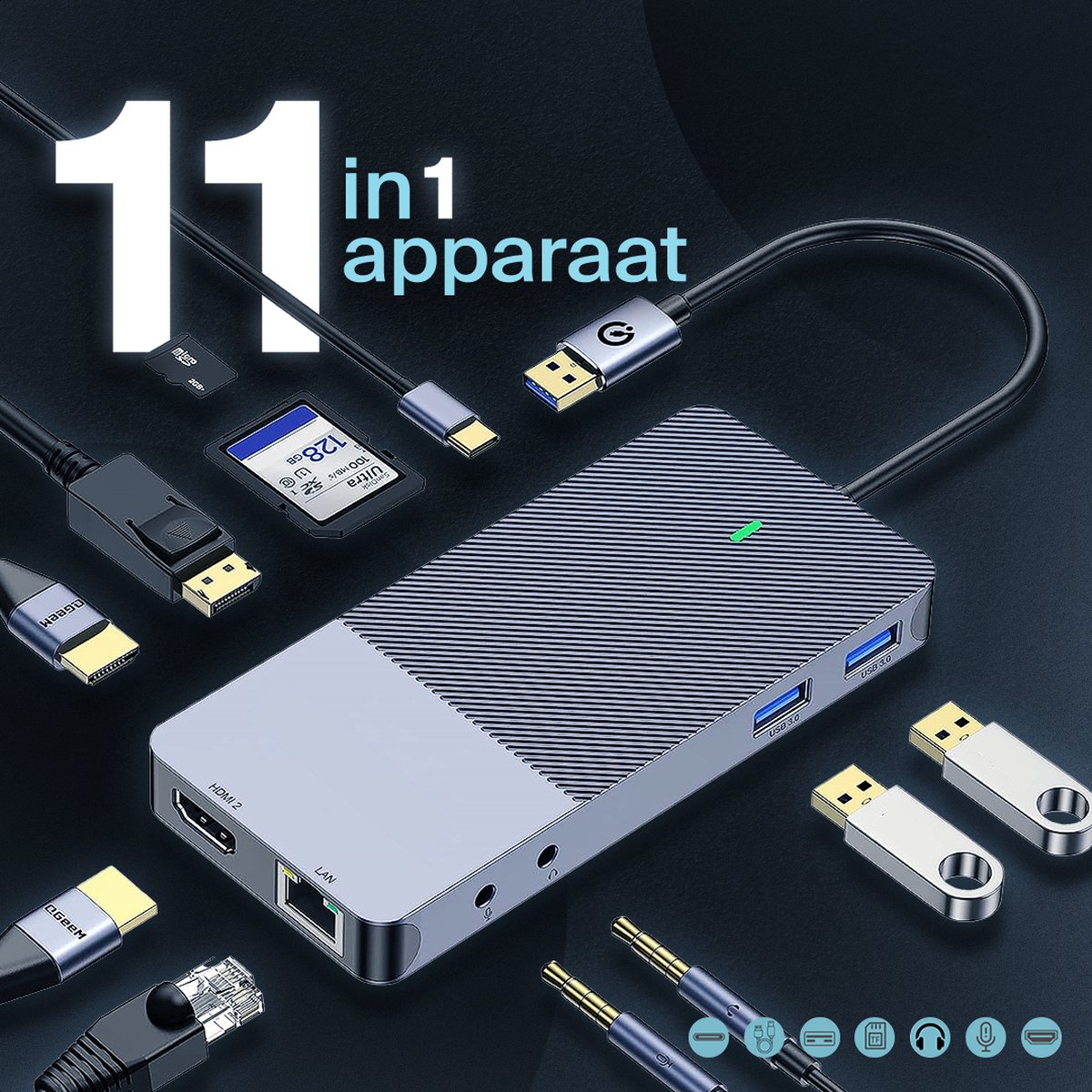 Portable USB-C Docking Station 3x 4K HDMI DisplayPort USB A Ethernet SD-kaartlezer voor MacBook Laptop - Afbeelding 3