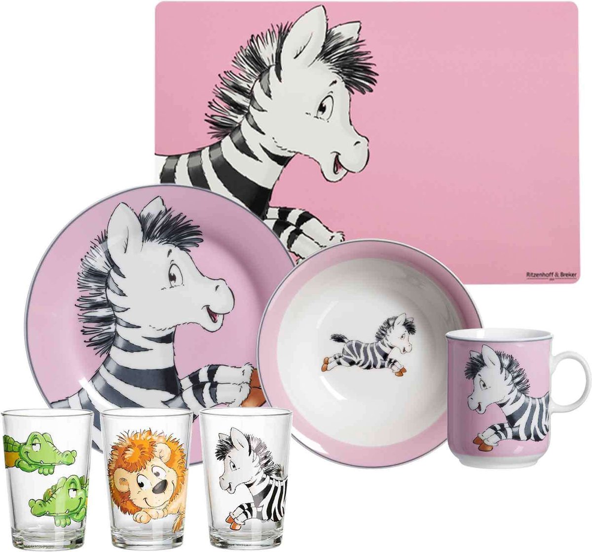 Goedkoopste Geschirr-Set mit Kinderbecher Happy Zoo Zebra Set van 7