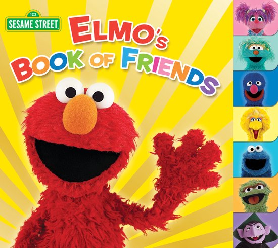 Le livre d'Elmo 'Elmo's Book of Friends' avec Elmo et d'autres amis de Sesame Street comme Cookie Monster et Oscar.