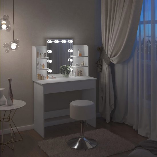 Juskys Make-uptafel met verlichting en spiegel, Vanity Table, lade & 4 opbergvakken, hout, wit, kaptafel